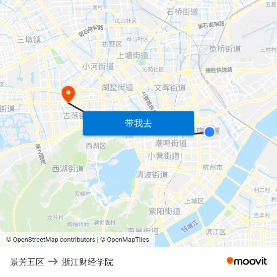 景芳五区 to 浙江财经学院 map
