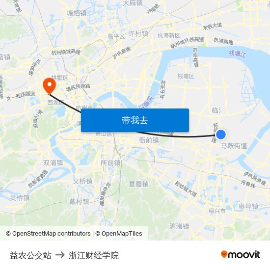 益农公交站 to 浙江财经学院 map