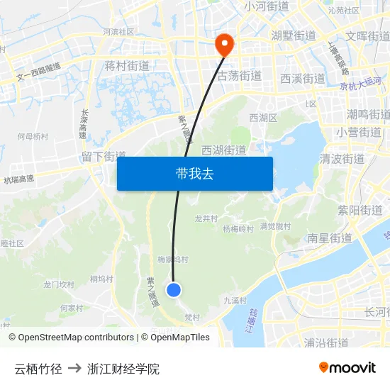 云栖竹径 to 浙江财经学院 map