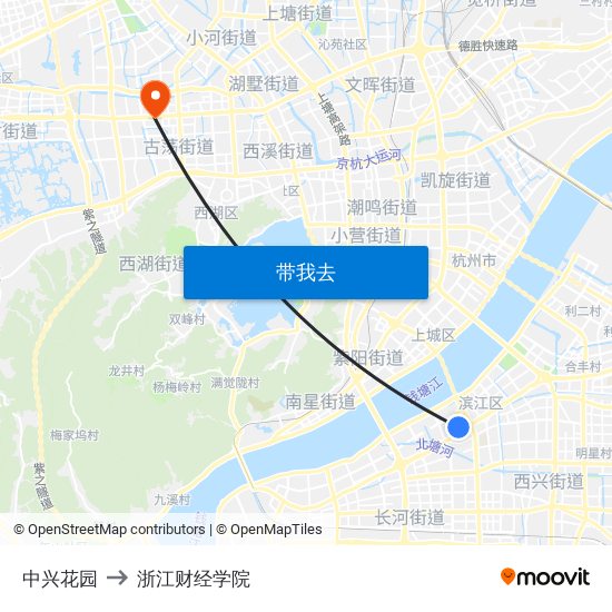 中兴花园 to 浙江财经学院 map