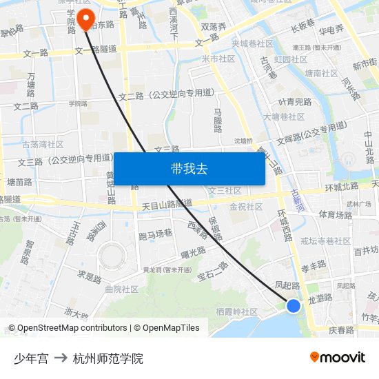 少年宫 to 杭州师范学院 map