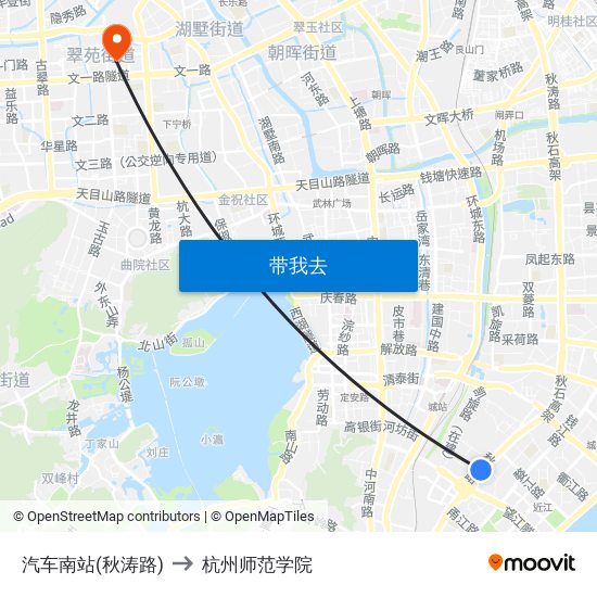 汽车南站(秋涛路) to 杭州师范学院 map