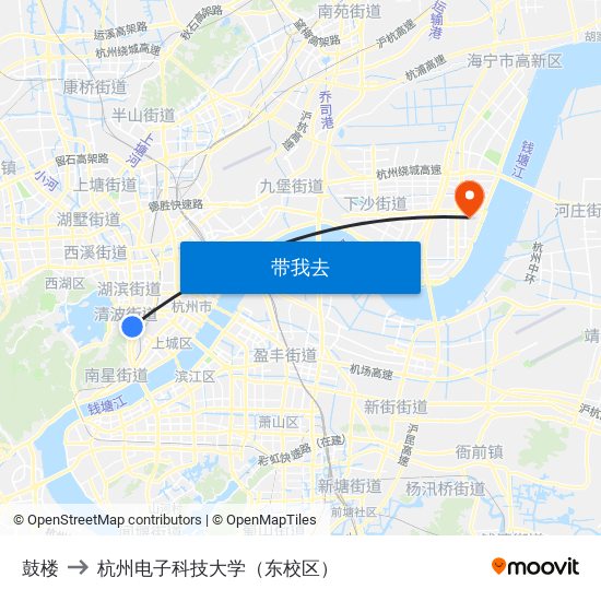 鼓楼 to 杭州电子科技大学（东校区） map