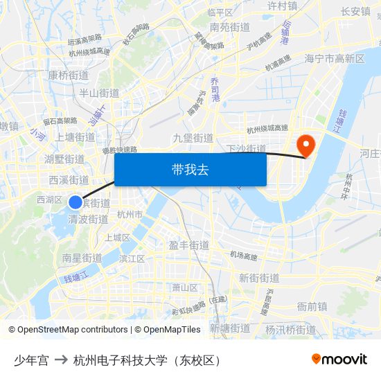 少年宫 to 杭州电子科技大学（东校区） map