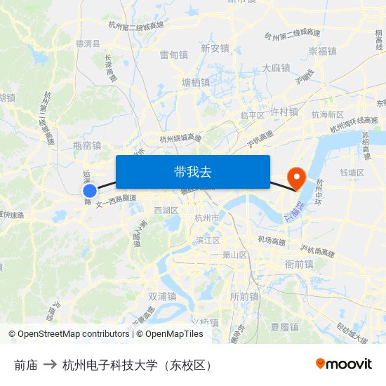 前庙 to 杭州电子科技大学（东校区） map