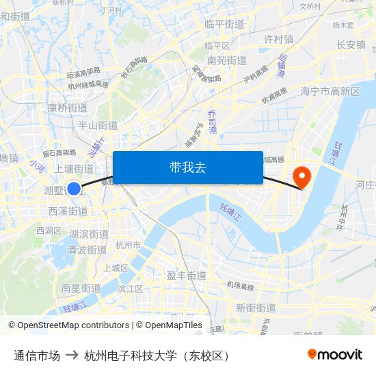 通信市场 to 杭州电子科技大学（东校区） map
