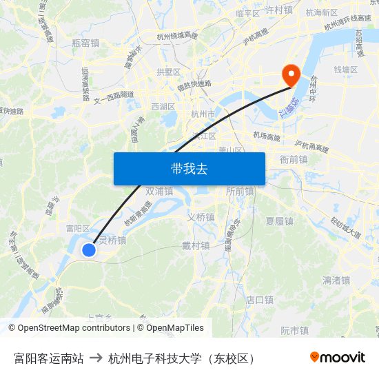 富阳客运南站 to 杭州电子科技大学（东校区） map