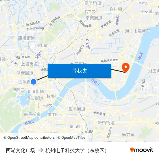 西湖文化广场 to 杭州电子科技大学（东校区） map