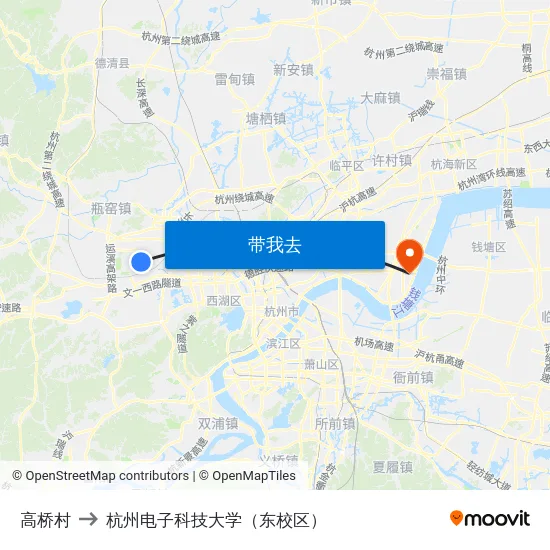 高桥村 to 杭州电子科技大学（东校区） map