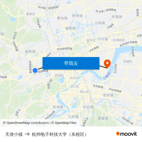 天使小镇 to 杭州电子科技大学（东校区） map