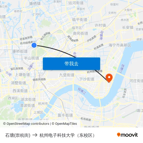 石塘(崇杭街) to 杭州电子科技大学（东校区） map