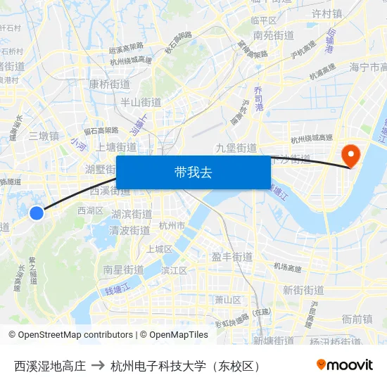 西溪湿地高庄 to 杭州电子科技大学（东校区） map