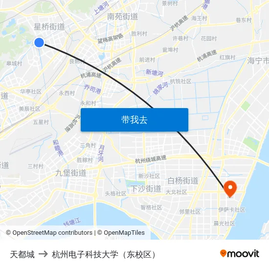天都城 to 杭州电子科技大学（东校区） map