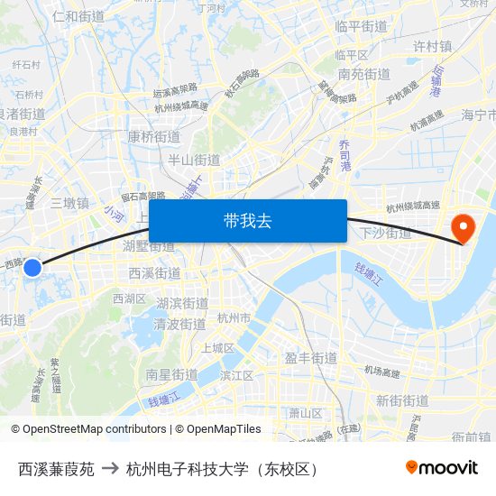 西溪蒹葭苑 to 杭州电子科技大学（东校区） map