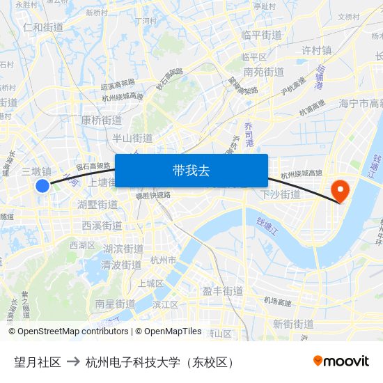 望月社区 to 杭州电子科技大学（东校区） map