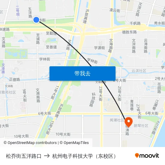 松乔街五洋路口 to 杭州电子科技大学（东校区） map