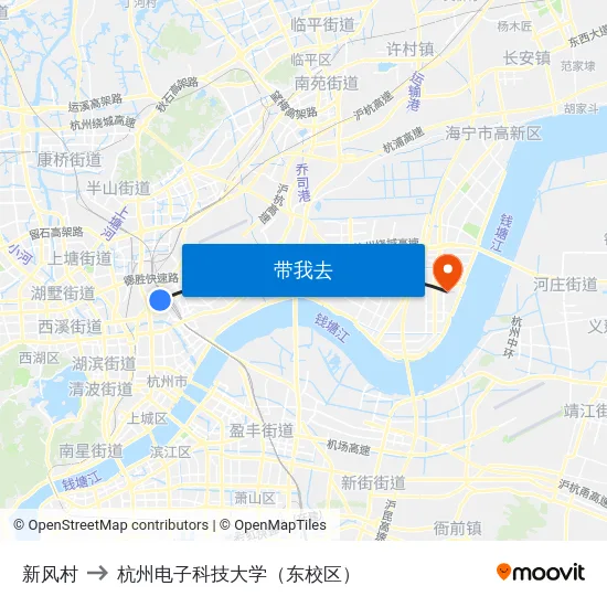 新风村 to 杭州电子科技大学（东校区） map