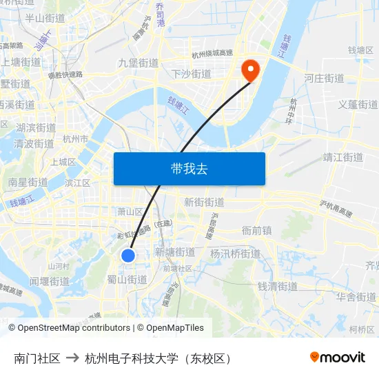 南门社区 to 杭州电子科技大学（东校区） map