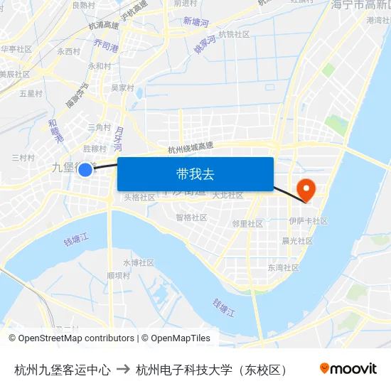 杭州九堡客运中心 to 杭州电子科技大学（东校区） map