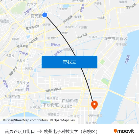 南兴路玩月街口 to 杭州电子科技大学（东校区） map