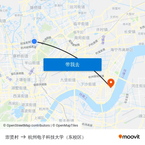 崇贤村 to 杭州电子科技大学（东校区） map