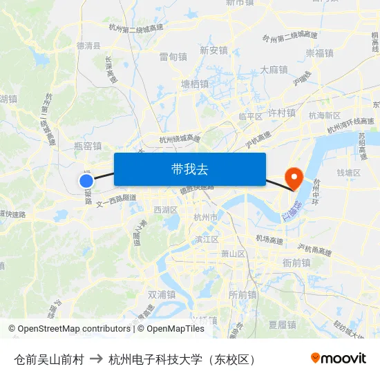 仓前吴山前村 to 杭州电子科技大学（东校区） map