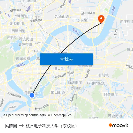 风情园 to 杭州电子科技大学（东校区） map