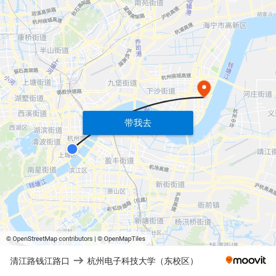 清江路钱江路口 to 杭州电子科技大学（东校区） map