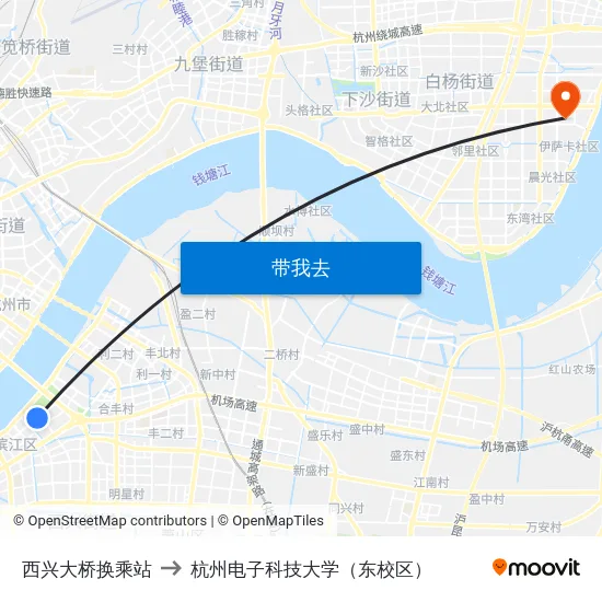 西兴大桥换乘站 to 杭州电子科技大学（东校区） map