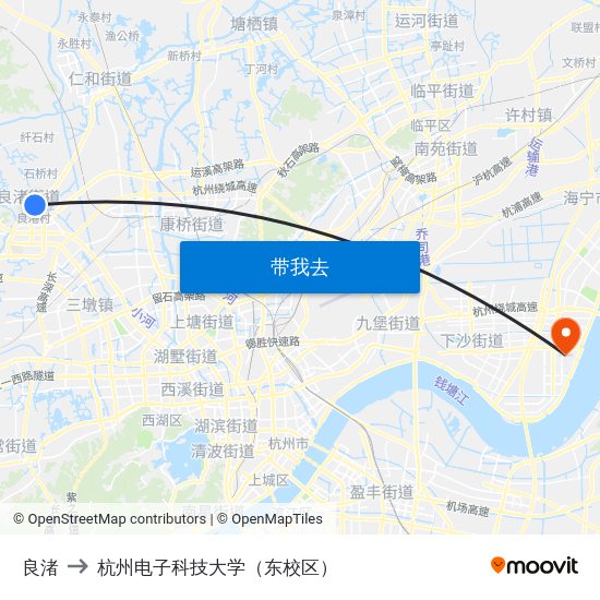 良渚 to 杭州电子科技大学（东校区） map