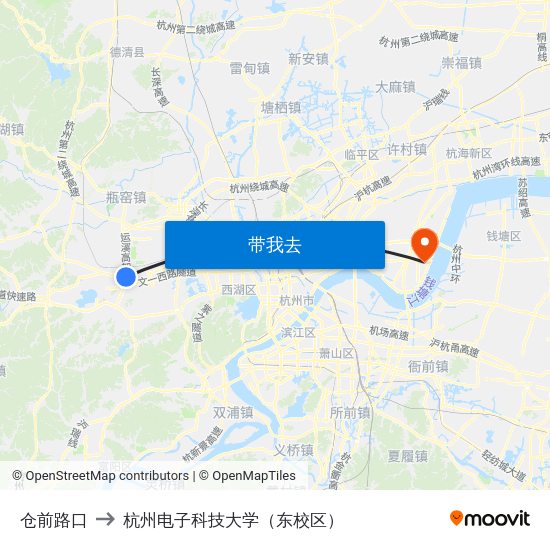 仓前路口 to 杭州电子科技大学（东校区） map
