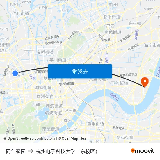 同仁家园 to 杭州电子科技大学（东校区） map