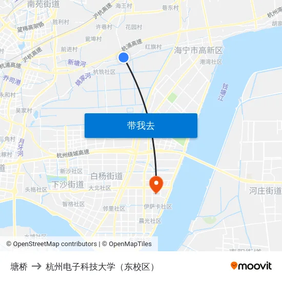 塘桥 to 杭州电子科技大学（东校区） map