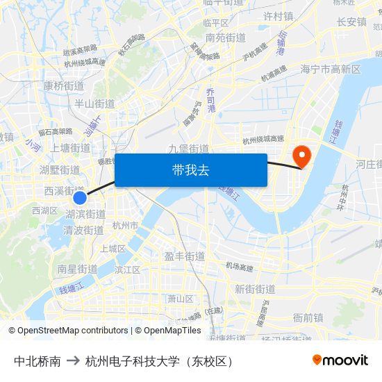 中北桥南 to 杭州电子科技大学（东校区） map