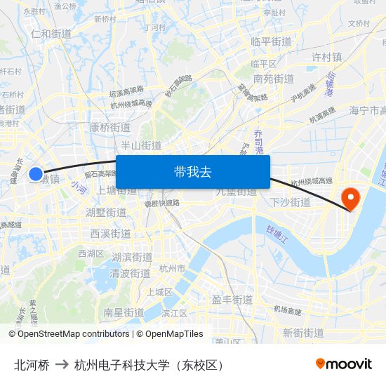 北河桥 to 杭州电子科技大学（东校区） map