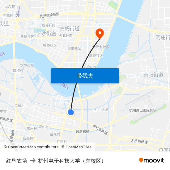 红垦农场 to 杭州电子科技大学（东校区） map