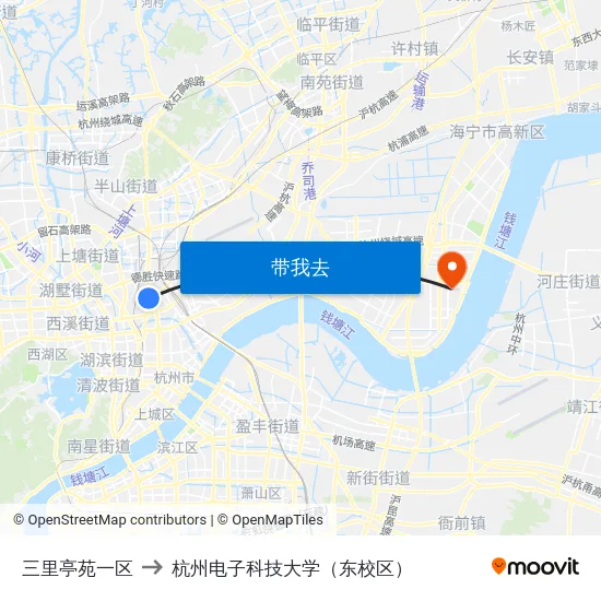 三里亭苑一区 to 杭州电子科技大学（东校区） map