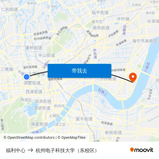 福利中心 to 杭州电子科技大学（东校区） map