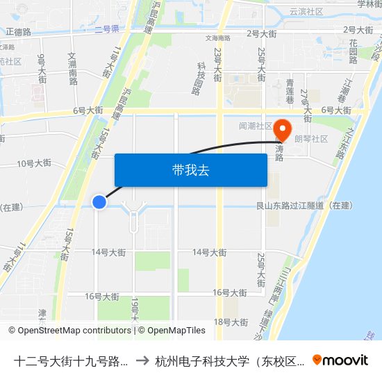 十二号大街十九号路口 to 杭州电子科技大学（东校区） map