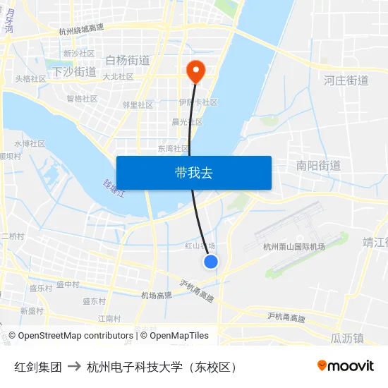 红剑集团 to 杭州电子科技大学（东校区） map