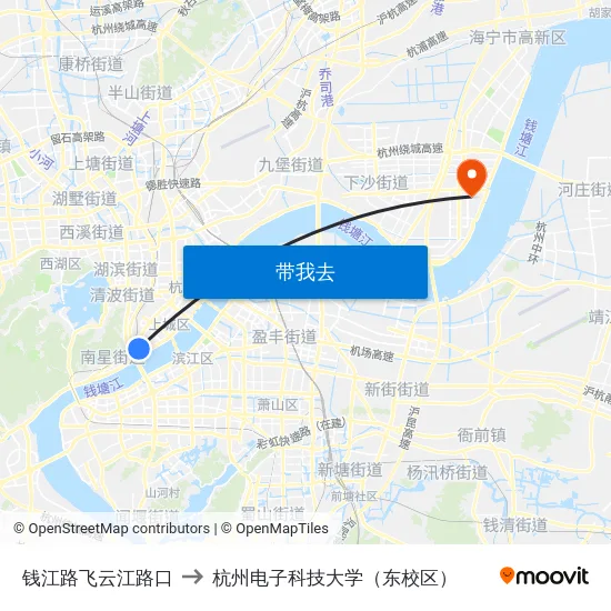 钱江路飞云江路口 to 杭州电子科技大学（东校区） map