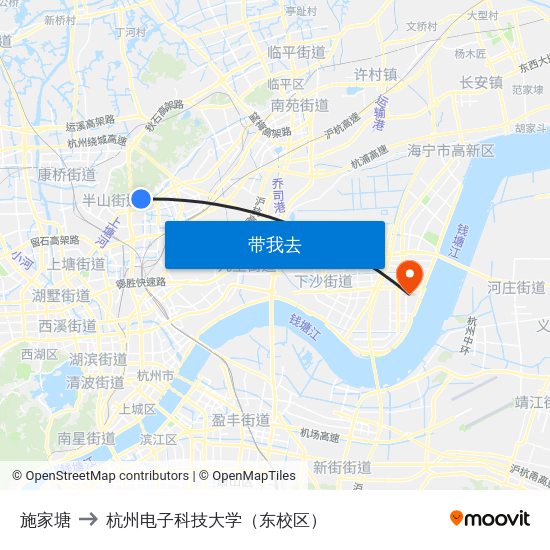施家塘 to 杭州电子科技大学（东校区） map