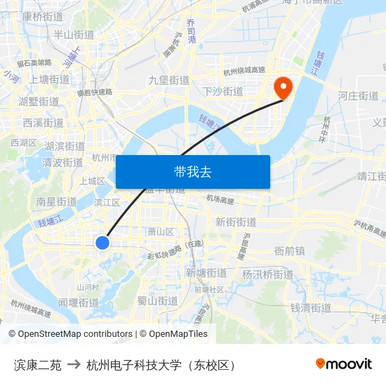 滨康二苑 to 杭州电子科技大学（东校区） map