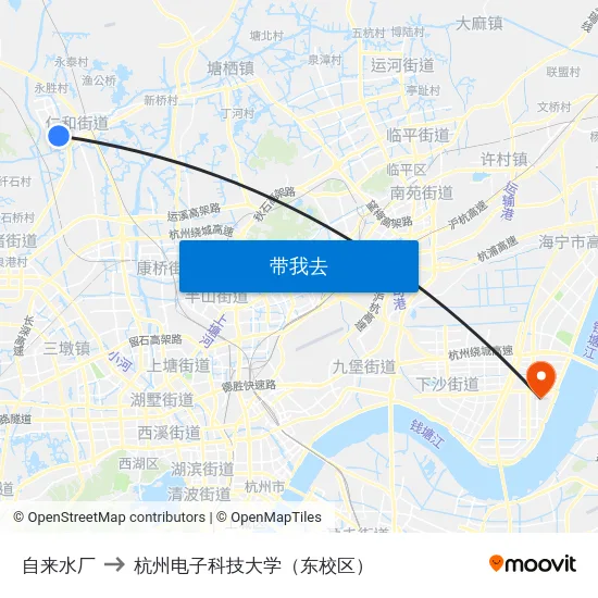 自来水厂 to 杭州电子科技大学（东校区） map