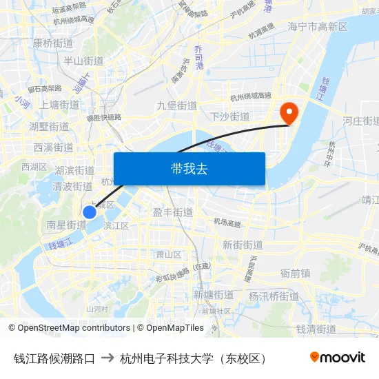 钱江路候潮路口 to 杭州电子科技大学（东校区） map