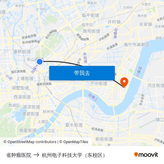 省肿瘤医院 to 杭州电子科技大学（东校区） map