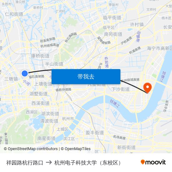 祥园路杭行路口 to 杭州电子科技大学（东校区） map