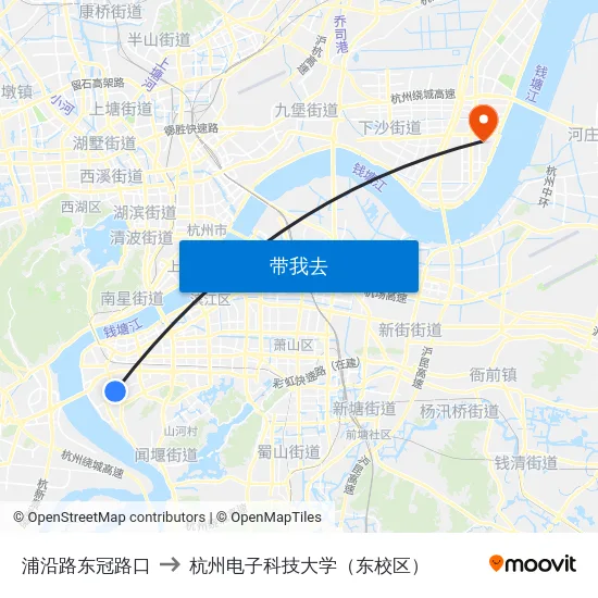 浦沿路东冠路口 to 杭州电子科技大学（东校区） map