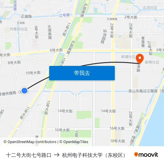 十二号大街七号路口 to 杭州电子科技大学（东校区） map