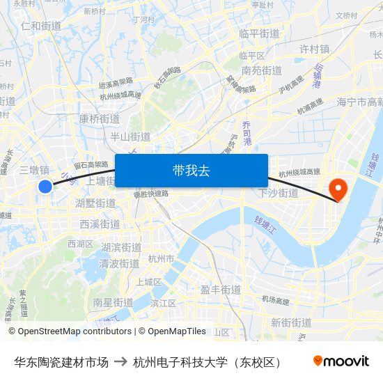 华东陶瓷建材市场 to 杭州电子科技大学（东校区） map